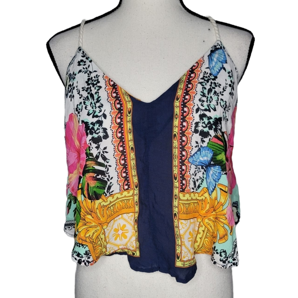 FARM RIO multicolor mixed print flowy racerback cropped top